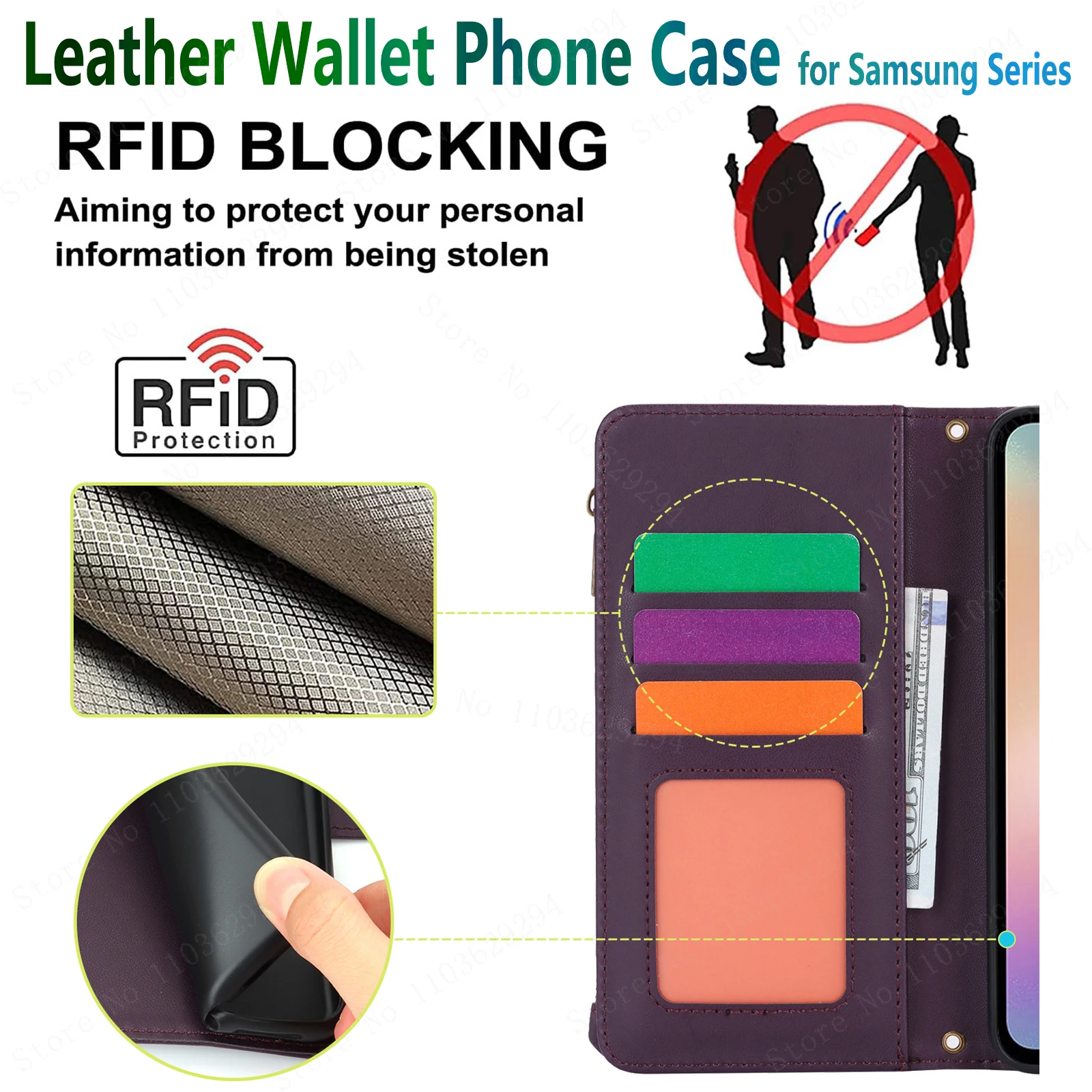 Genuine Leather Wallet for Samsung, Mobile Cover, Multi-Card Slot, Zipper, High-End, Suitable for Galaxy A15, A14, A35, A53