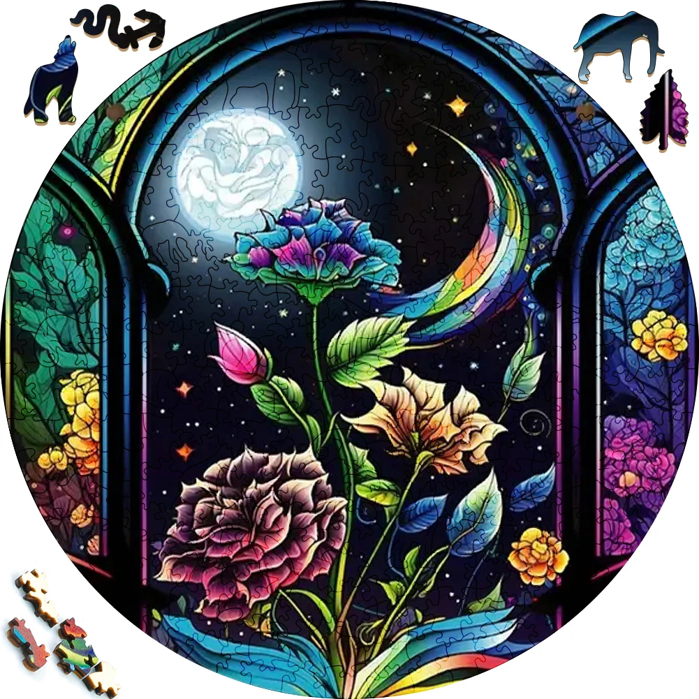 Flowers Under Moonlight Wooden Puzzle painted Funny Toy Wood Puzzles Smart Game Round Shaped Jigsaw Puzzle Best Gift For Friends