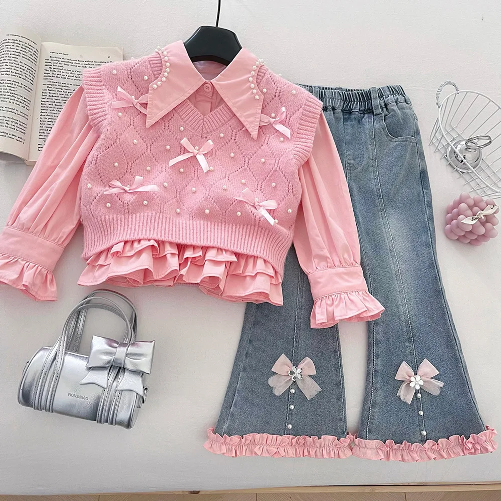

Girls' Set Autumn 2025 New Style Three piece Set with Western Style Three dimensional Bow Knitted Vest Shirt and Jeans