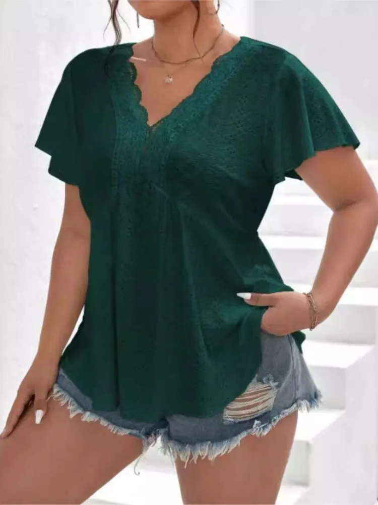 Tops con cuello en V para mujer, blusa holgada plisada con volantes, bordada, talla grande