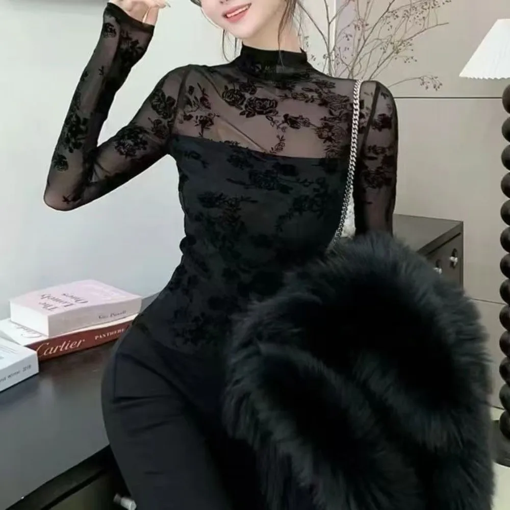 Floral Print Mesh Blouse Slim Fit Semi‑Sheer Mesh Turtleneck Shirt Fleece Lined Option Stretchy Fabric Long‑Sleeve Undershirt