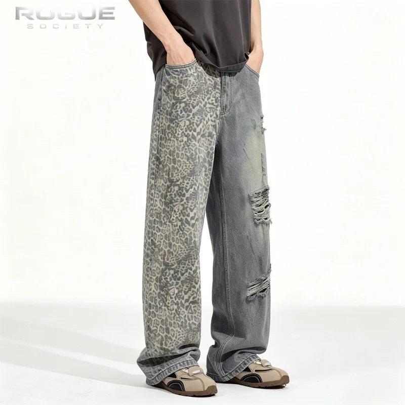 New Leopard Print Distressed Jeans Men Women Y2k Patchwork Washed Denim Pants Streetwear Baggy Grunge Trousers Harajuku Hip Hop