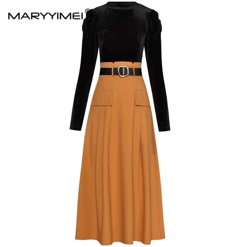 MARYYIMEI Fashion Designer Autumn Women's dress Long sleeved Velvet Patchwork Lace up Slim Elegant Dresses