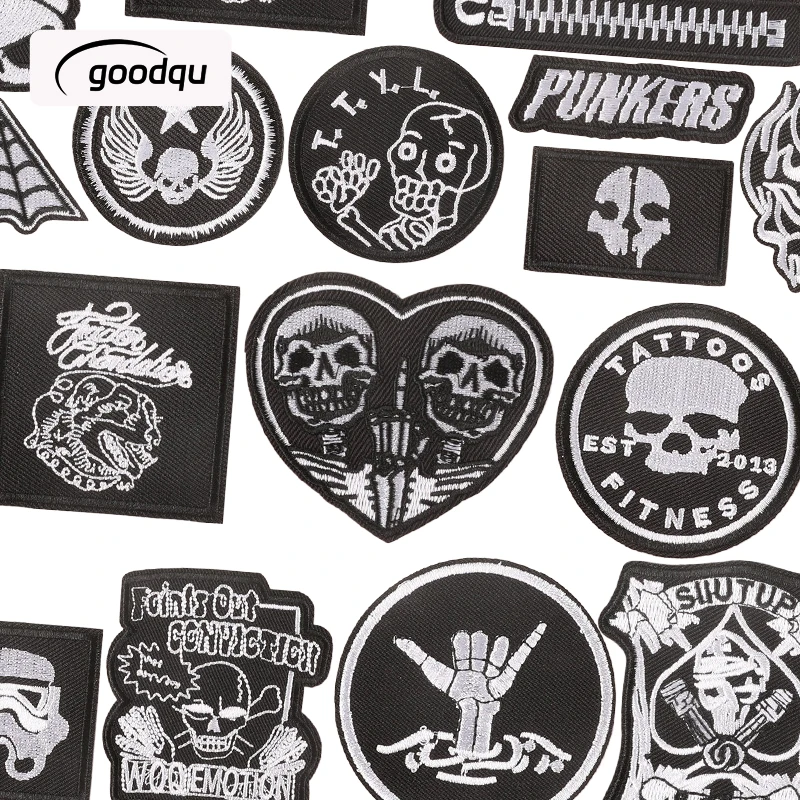 Black White Skull Iron On Patches Rock For Clothes Embroidered Mochila Hat Sew Parches Punk Fabric Diy Naszywki Jacket Sticker