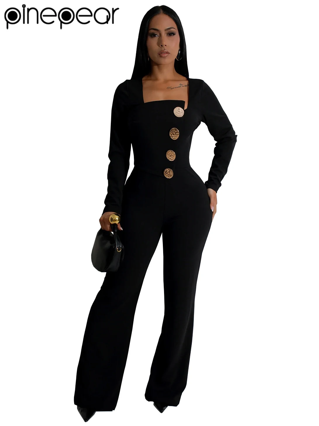 PinePear 2025 Sexy Women Black Wide Leg Pants Jumpsuits Office Lady Big Metal Buttons One piece Rompers Overalls Night Clubwear