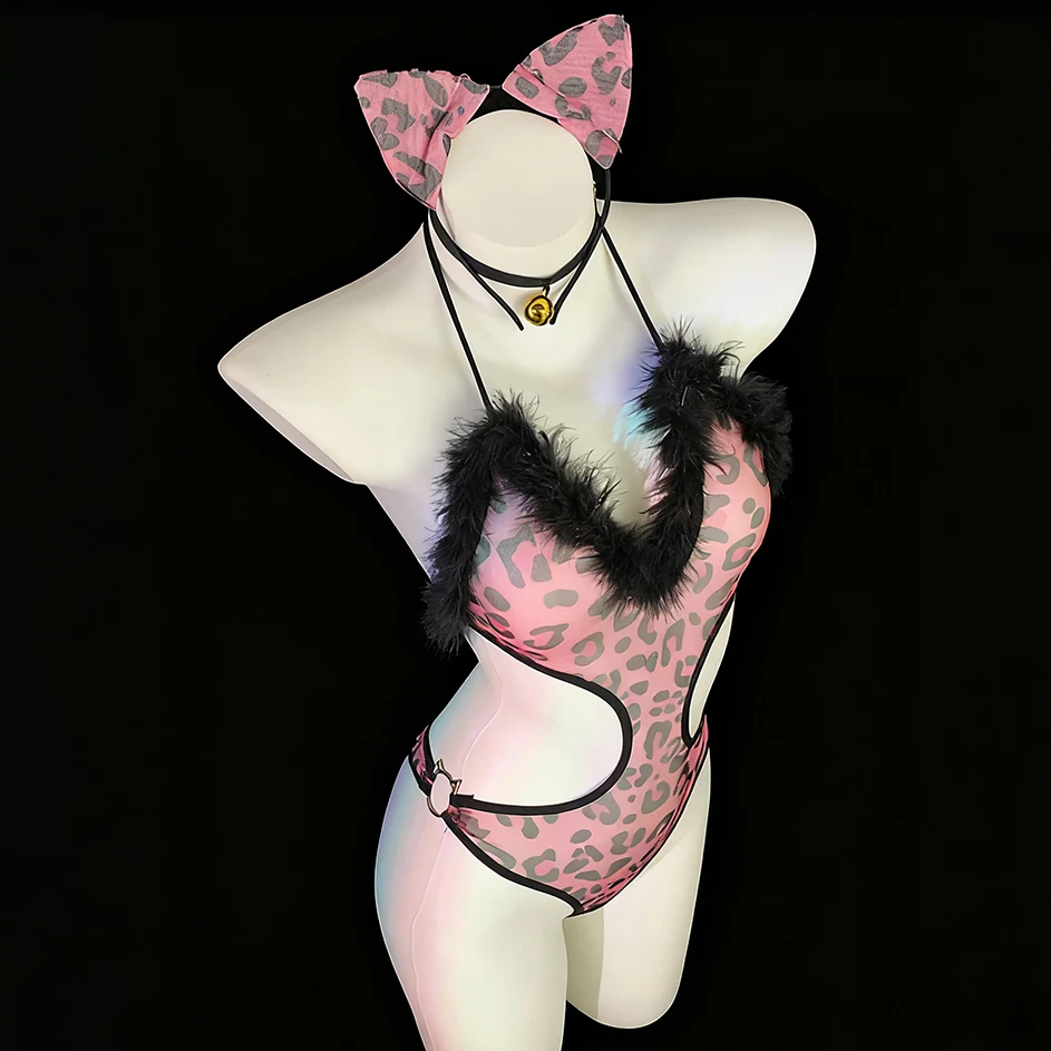 

Sexy Pink Leopard Maid Cosplay Costume Hollow Out Bodysuit Outfit Cat Girl Role Play Lingerie