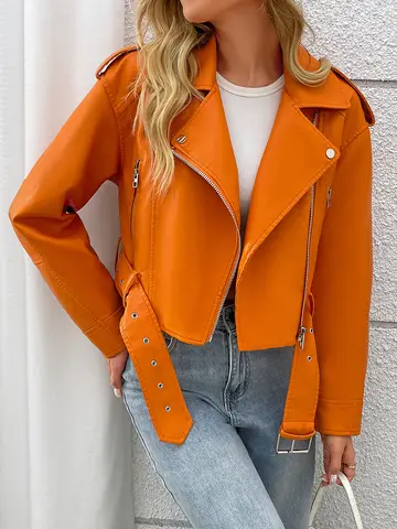 Fitaylor Vår Höst Kvinnor PU Läderjacka Lady Lapel Motorcykel Läder Ytterkläder Casual Orange Kappa 10 best sales orange jacka för kvinnor - №1