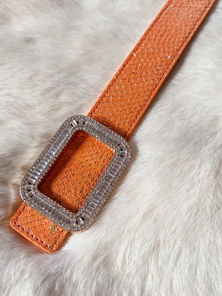 Fashion Women Design Salmon Skin Spliced Diamond Belts High Quality Genuine Leather Lady Elegant Work Accessory Casual Waistband