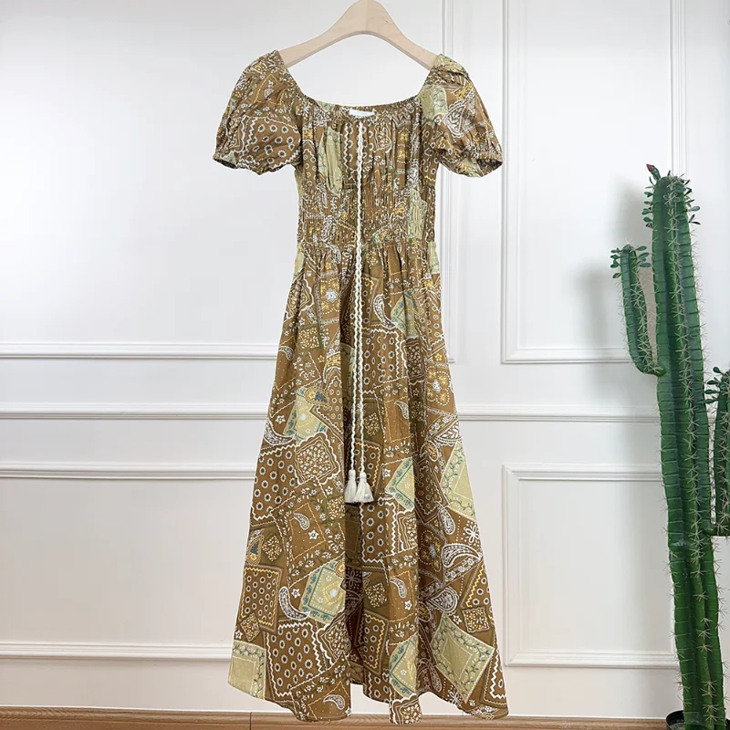 

Summer New Fragrance Bubble Sleeve Cashew Flower Dress Women Elastic Fashion Bohemian Holiday Short-sleeved Long Dress