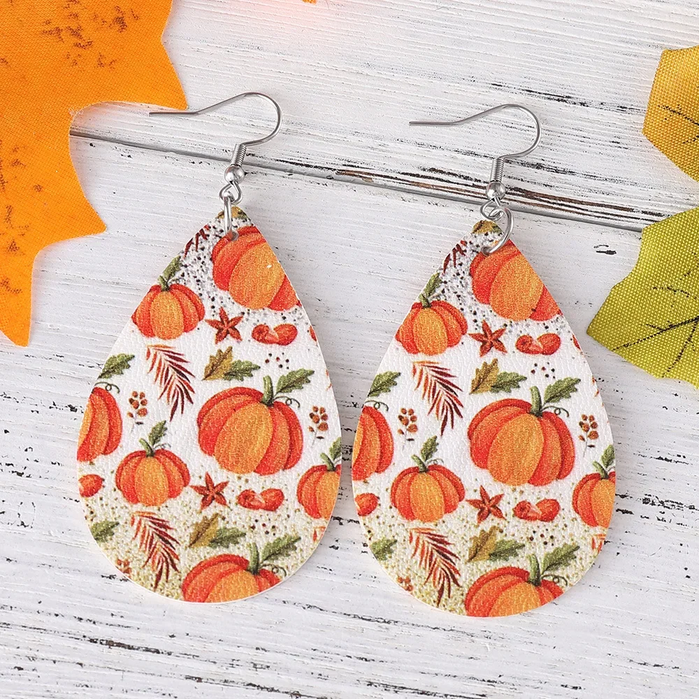 Thanksgiving Day Series Stud Earrings Fallen Leaves Pumpkin Teardrop Wooden Double-Sided Pendant Earrings Popular Jewelry Gifts