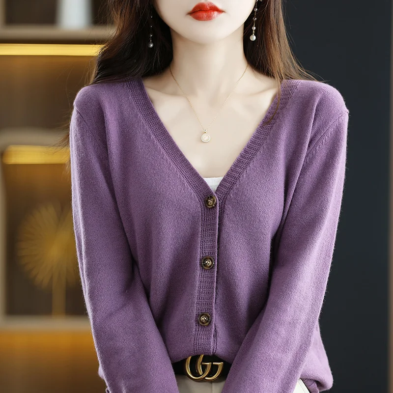 Women\'s Cardigan 100% Merino Wool Knitted Sweater Chic Top Causal Long Sleeve Loose Large Size Women Shirt Spring Autumn