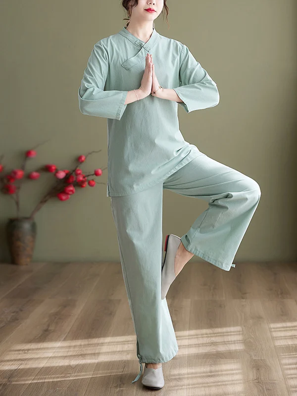 

Summer Chinese Style Two-Piece Set Pure Color Zen Tea Clothing Cotton Linen Suit Buddhist Layman Outfit Casual Sportswear