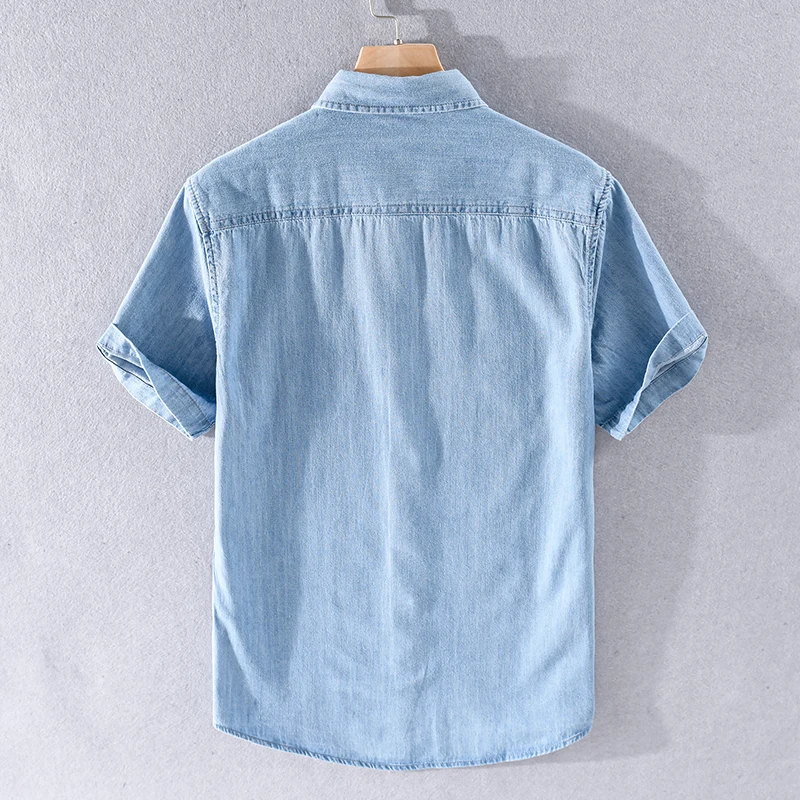 New Style Denim Short Sleeve Casual Cotton Shirt Men Brand Trend Comfortable Solid Top Clothes Chemise Homme Drop Shipping