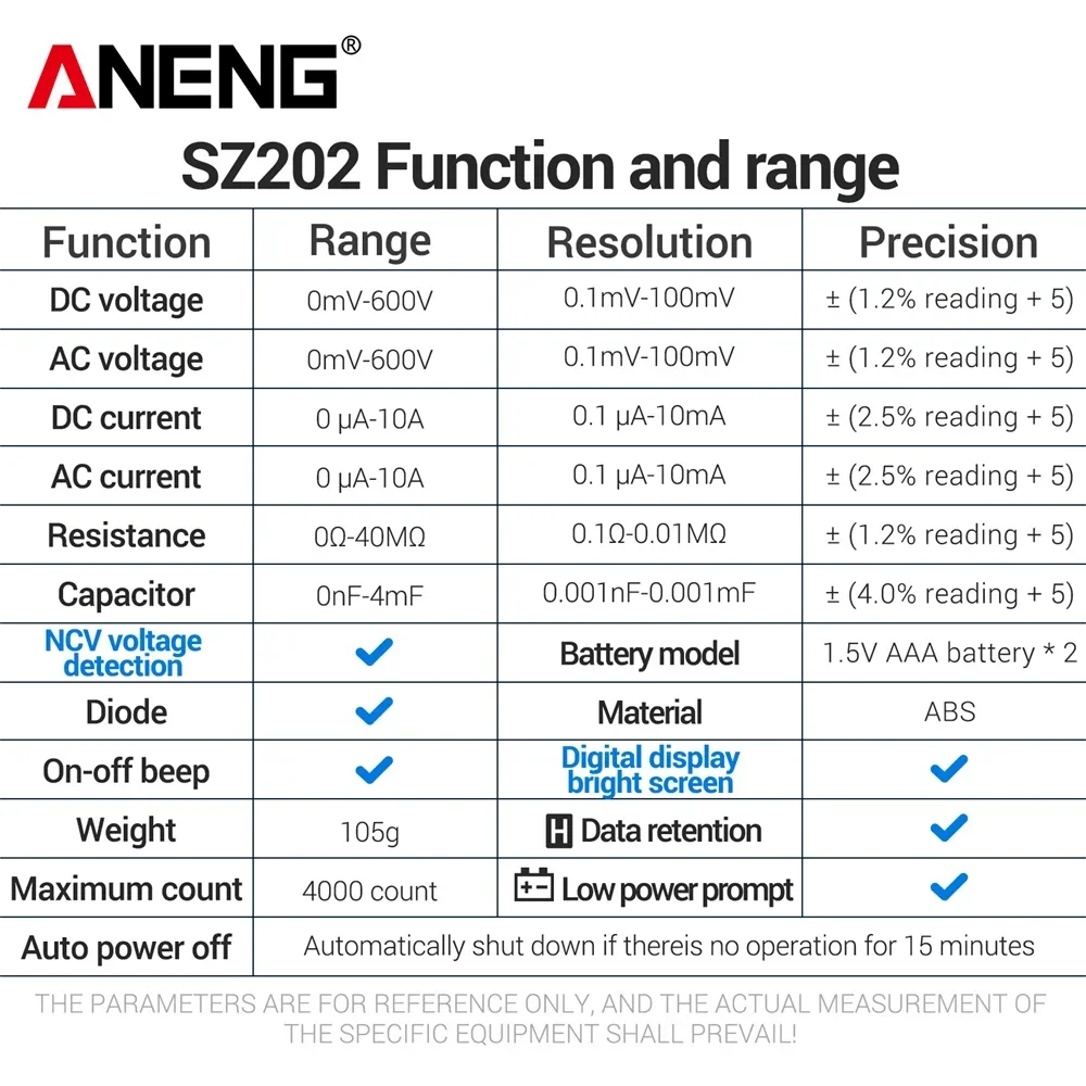 ANENG SZ202 4000 recuentos multímetro Digital probador zumbador voltaje CA/CC 10A medidor de corriente resistencia condensador NCV herramientas de prueba