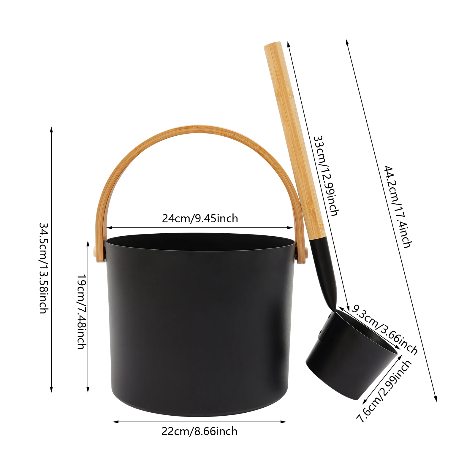 Sauna Bucket and Ladle Set 1.1 Gallon Large Aluminum Bamboo Water Bucket with Long Handle Spoon Heat Resistant for Home Sauna Spa Steam Room Black