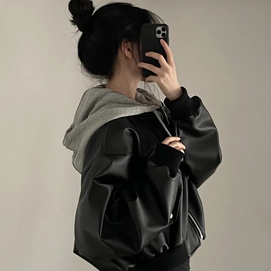 Korean Chic Autumn Winter Loose Retro Zipper Double Pocket Casual Versatile Short Fake Two-Piece Hooded Leather Jacket