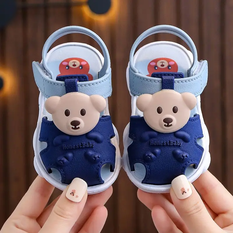 Summer Aged 0-2 Cute Cartoon Bear Toddler Baby Shoes For Boys Non-Slip Soft-Soled Children Indoor Kids Sandals With Covered Toes