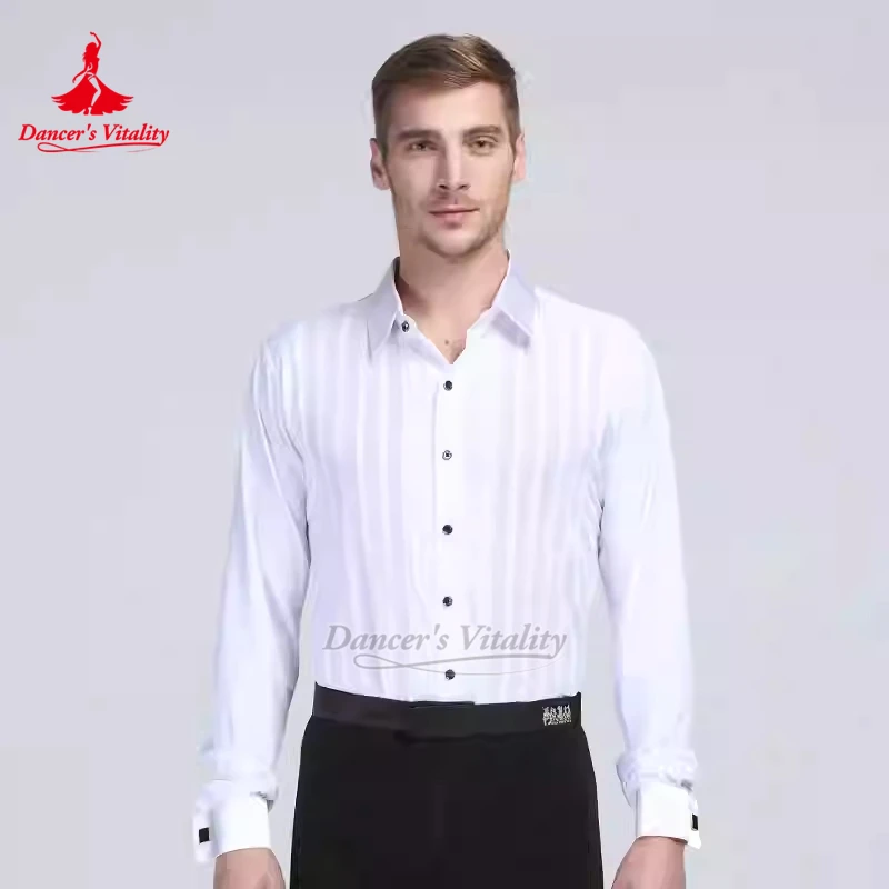 

Мужская рубашка с длинными рукавами в полоску для латиноамериканских танцев, для тренировок и выступлений, профессиональная одежда для социальных танцев и соревнований