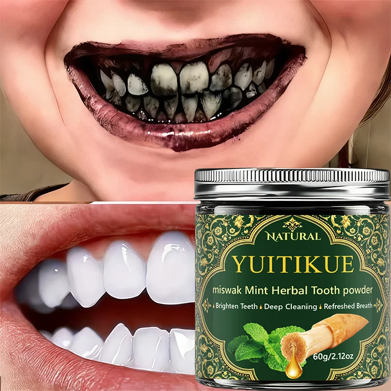 YUITIKUE 60g Poudre Dentifrice Naturelle aux Herbes Miswak Saveur Menthe Purifie la Cavité Buccale Élimine les Taches Tenaces Obtenez des Sourires Sains et Éclatants