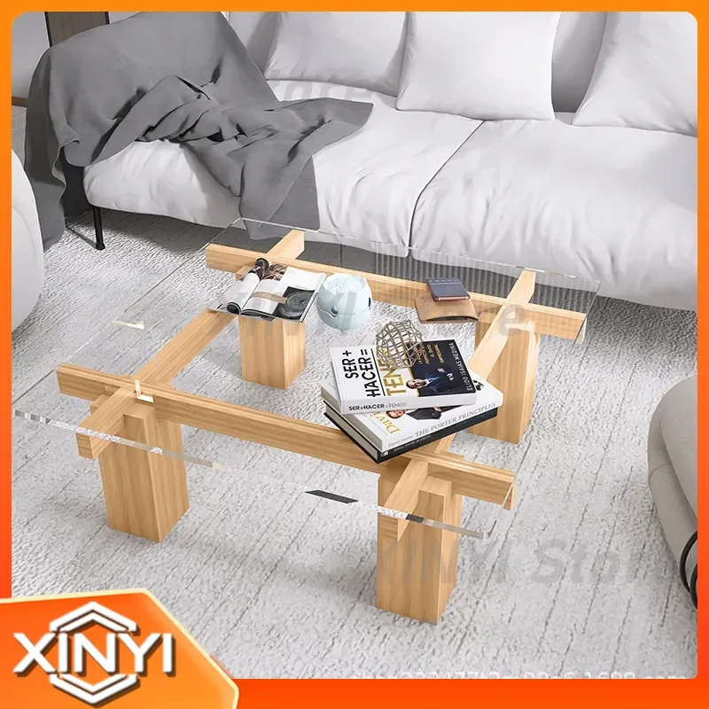 Light Luxury Small Apartment Living Room Coffee Table for Modern Simple Tatami Tea Table Square Rock Slab Glass Edge Table