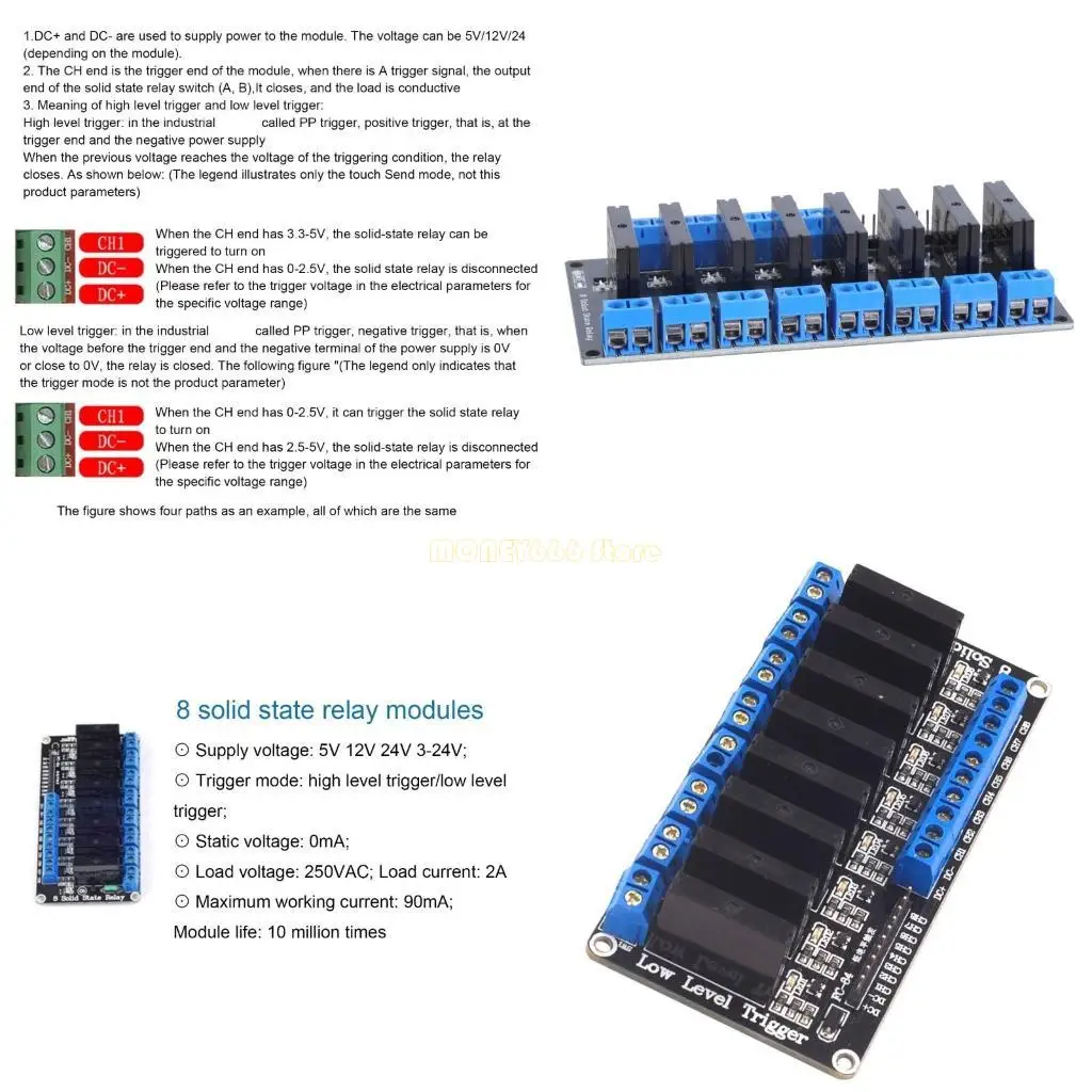 F62C 8 Channel Solid Relays Module Board DC5V 12V 24V High/Low Triggering
