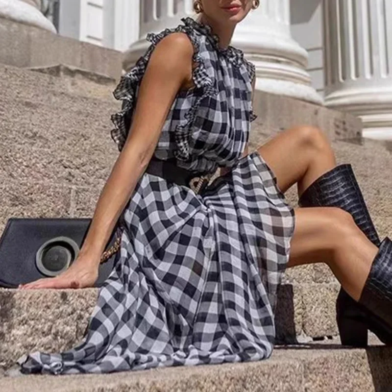 

Plaid Sleeveless Dress for Women O-neck High Waisted Party Dresses Female Runway Fashion Ruffles Vintage Long Dress Vestido