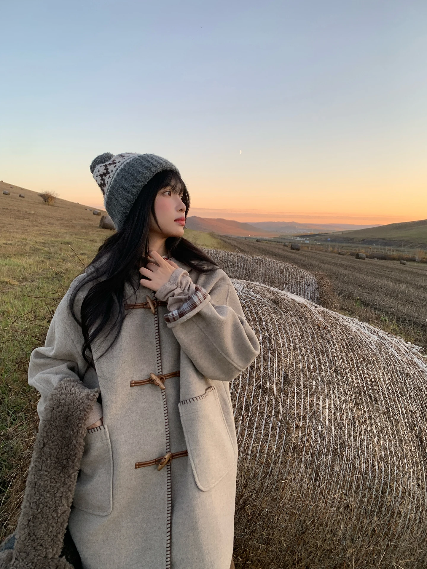 Retro horn button-padded cotton-woolen overcoat for women, shell embroidery check patchwork hooded jacket
