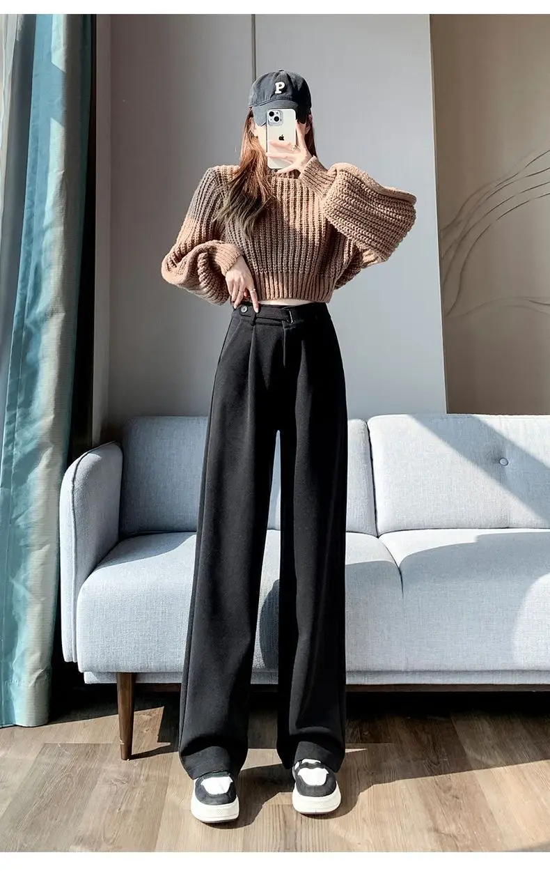 Brown Woolen High-end Suit Pants for Women in Autumn and Winter 2023 New Narrow Version Straight Wide-leg Pants with Drape