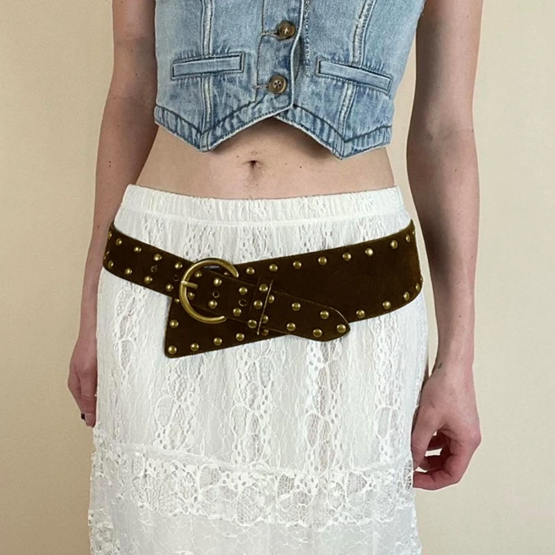 

Women Vintage PU Waistband with Studded Rivets Punk Waist Belt Prong Buckle Dropship