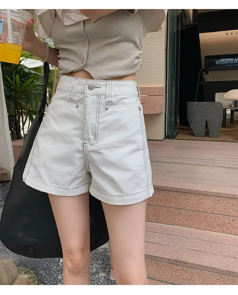 Celana Pendek Denim Pinggang Tinggi Rasa Desain, Celana Kaki Lebar Longgar Fashion Baru Musim Panas Wanita, Jeans Pendek Kaki Lurus Kasual untuk Wanita