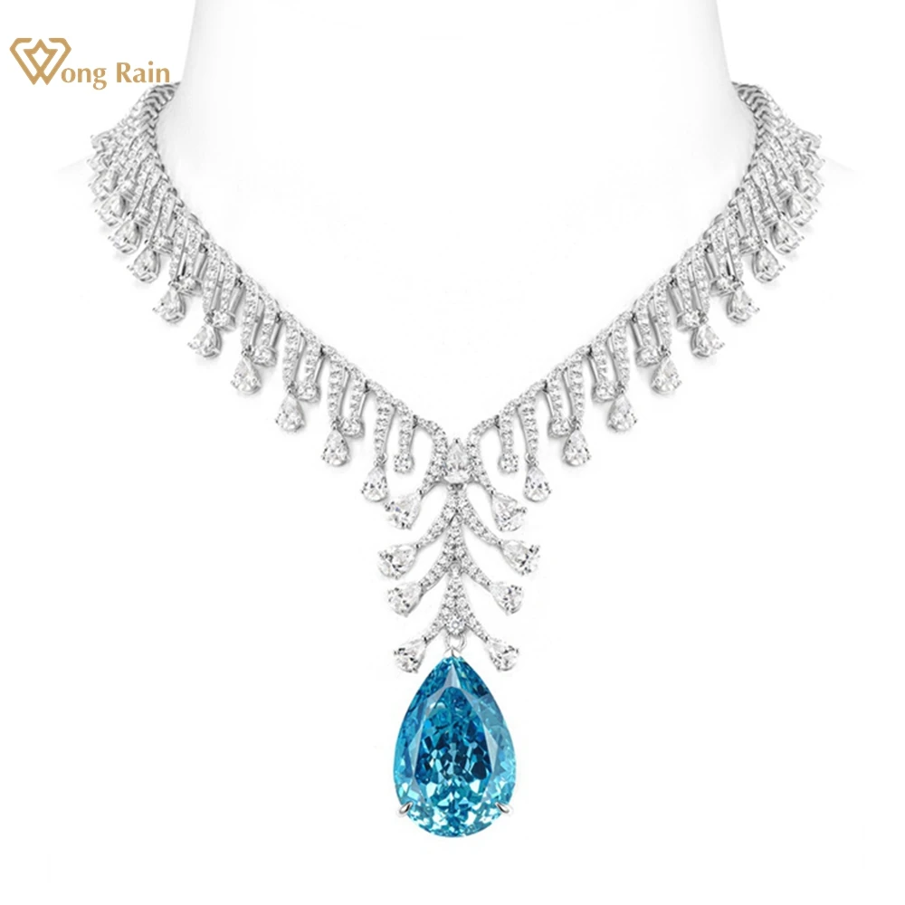 

Wong Rain Luxury 100% 925 Sterling Silver Pear Cut 20*30 MM Paraiba Tourmaline High Carbon Diamond Gems Pendant Necklace Jewelry