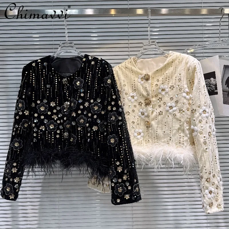 

2025 зимнее новое элитное роскошное бархатное пуховое короткое пальто с вышивкой и блестками, модная элегантная женская куртка с длинными рукавами, топ