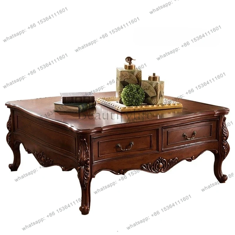 

American rural solid wood coffee table European square coffee table retro carved living room generous table