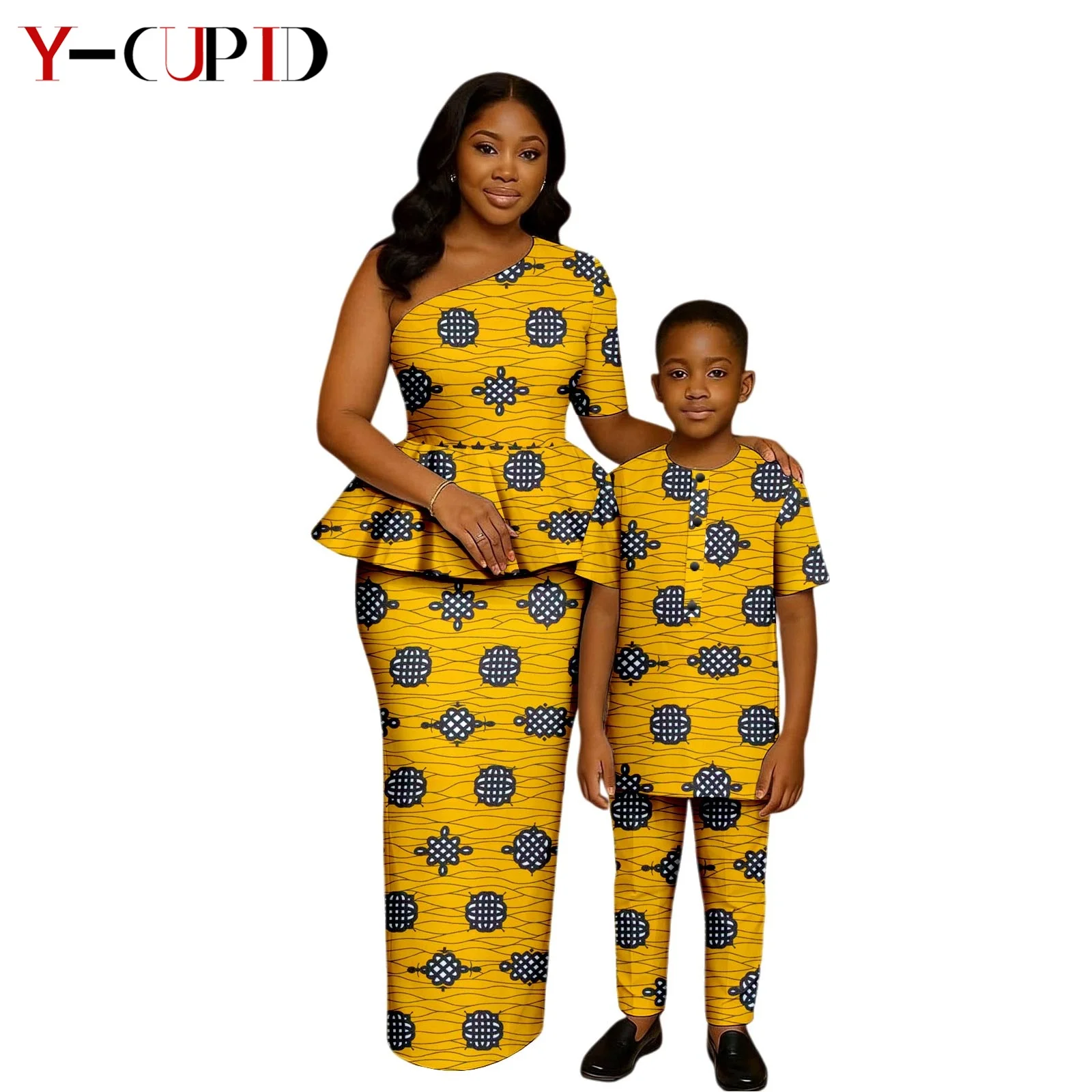 

African Family Clothes Dashiki Women Print Dresses Matching Boy Shirt and Pant Sets Mother and Son Outfits 26F002