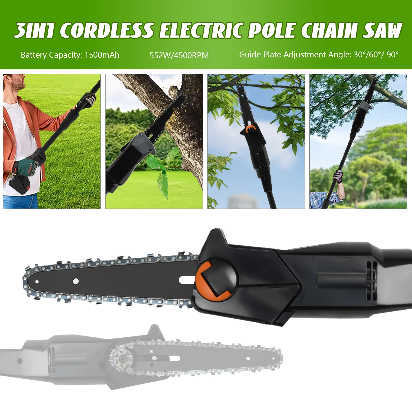 Cordless Pole Chainsaw Electric Saw 21V 1A Lithium-Ion Tool w/ 1 Battery Pruner, Battery Power & Charger F007