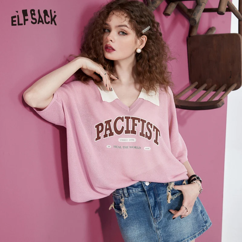 

ELFSACK Ice Silk Knitted T-Shirts Women 2023 Spring/Summer Short Sleeve Basic Daily Tops