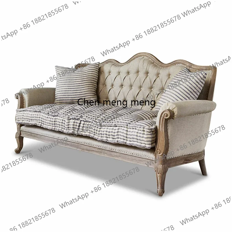 

New arrive French all solid wood sofa small apartment living room fabric sofa American simple retro ash wood carving flower sofa