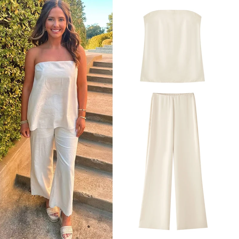 

TRAF 2025 Women's Pants Sets satins Tube Tops Two Pieces Set Women's Suit Summer Elegant Trousers Two-piece Suit Tank Top Women