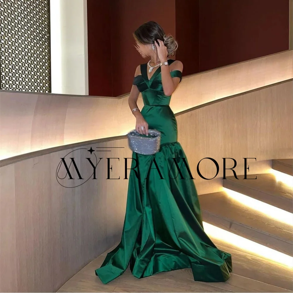 Modische grüne Abendkleider, A-Linie, V-Ausschnitt, Falten, bodenlang, Ballkleider, maßgeschneiderte Robes de Soirée