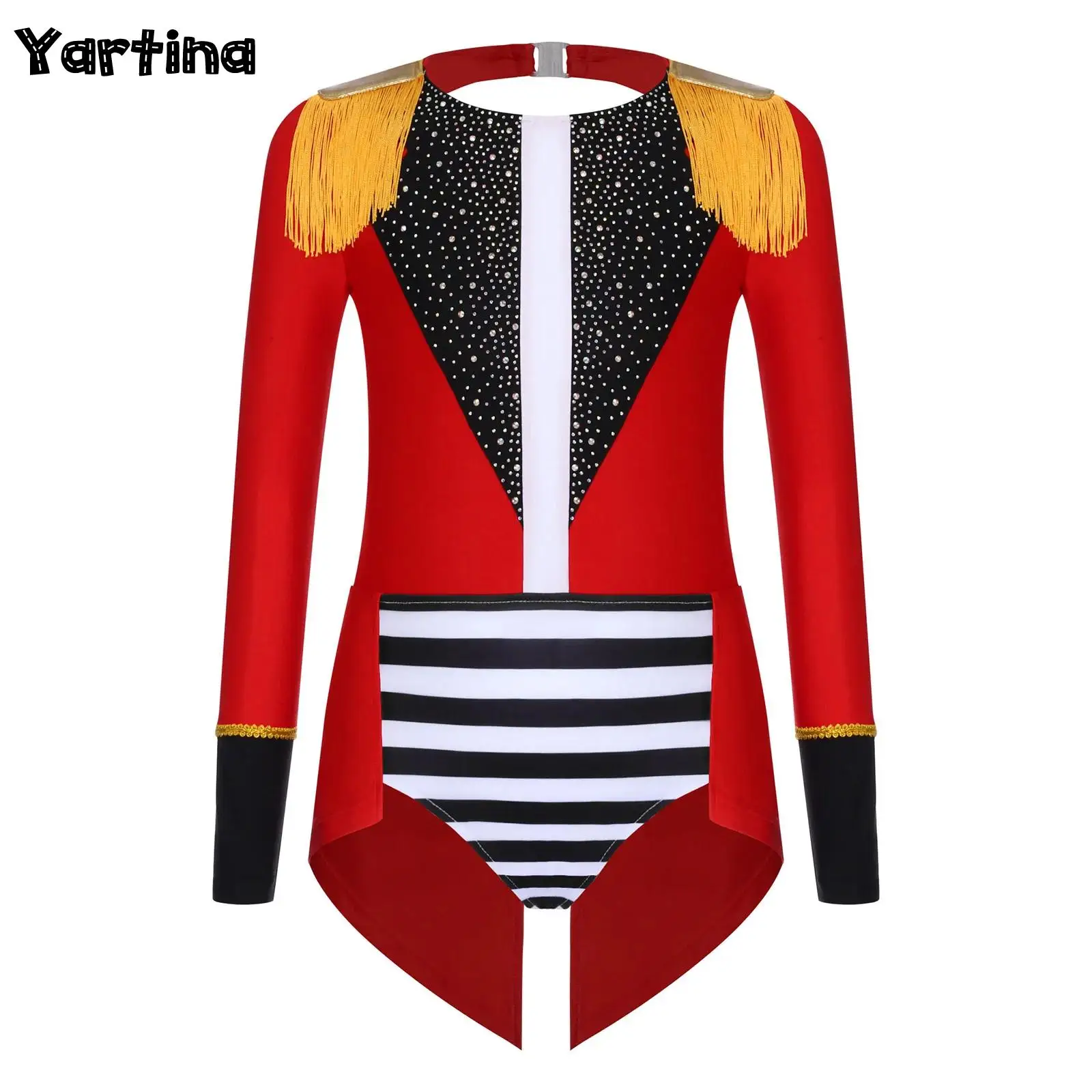 

Girls Circus Ringmaster Cosplay Costume Lion Tamer Showman Halloween Outfits Shinny Rhinestone Tassel Jumpsuits Overlay Jumpsuit