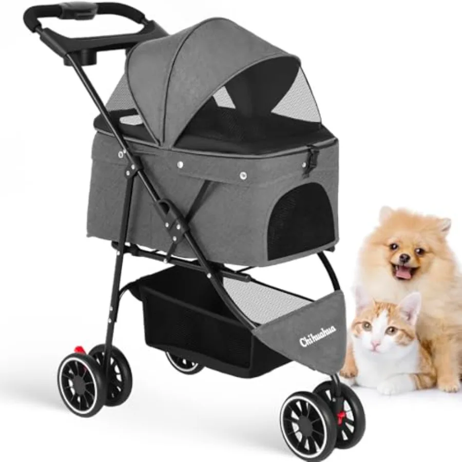 

Pet Stroller for Small Medium Dogs Cats, 3 Wheels, Foldable, Grey, Breathable Mesh Canopy Cup Holders, Easy Assembly