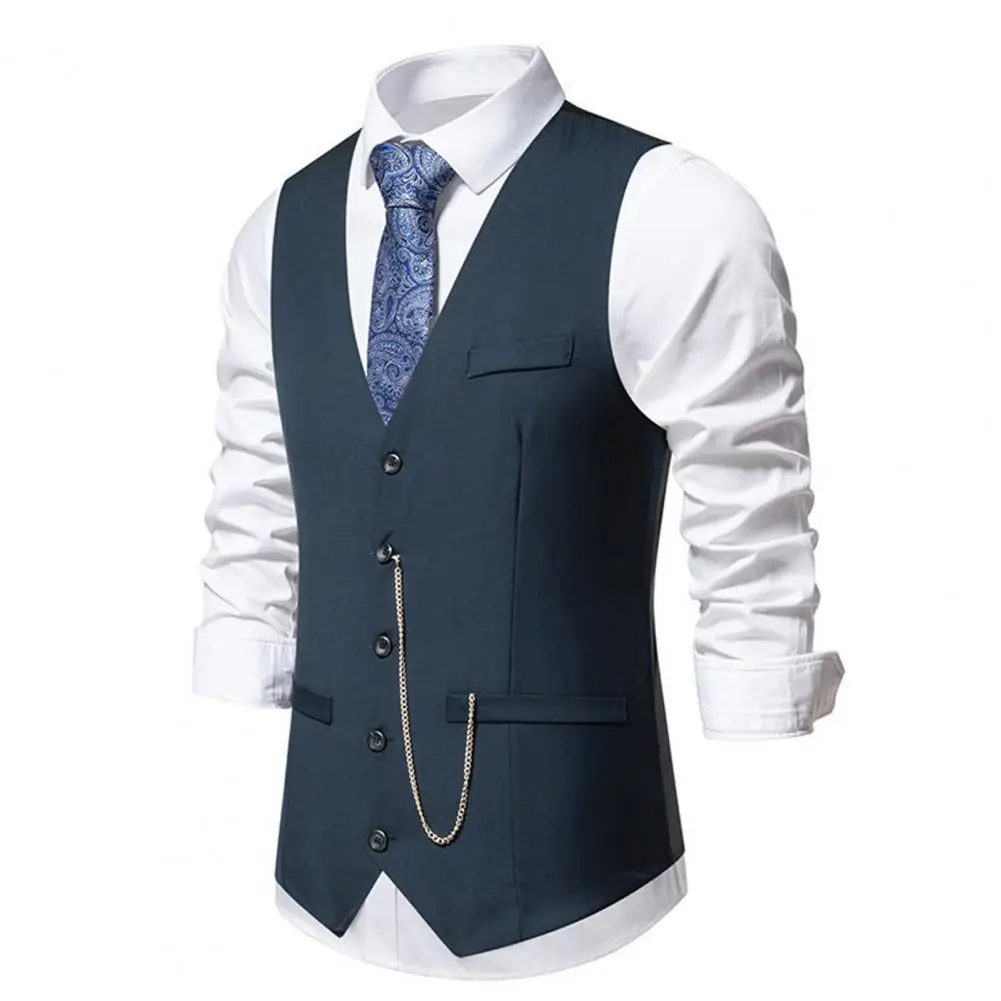 

Solid Color Vest Elegant Slim Fit Men's V-neck Waistcoat with Chain Decor for Wedding Party Solid Color Single for Spring