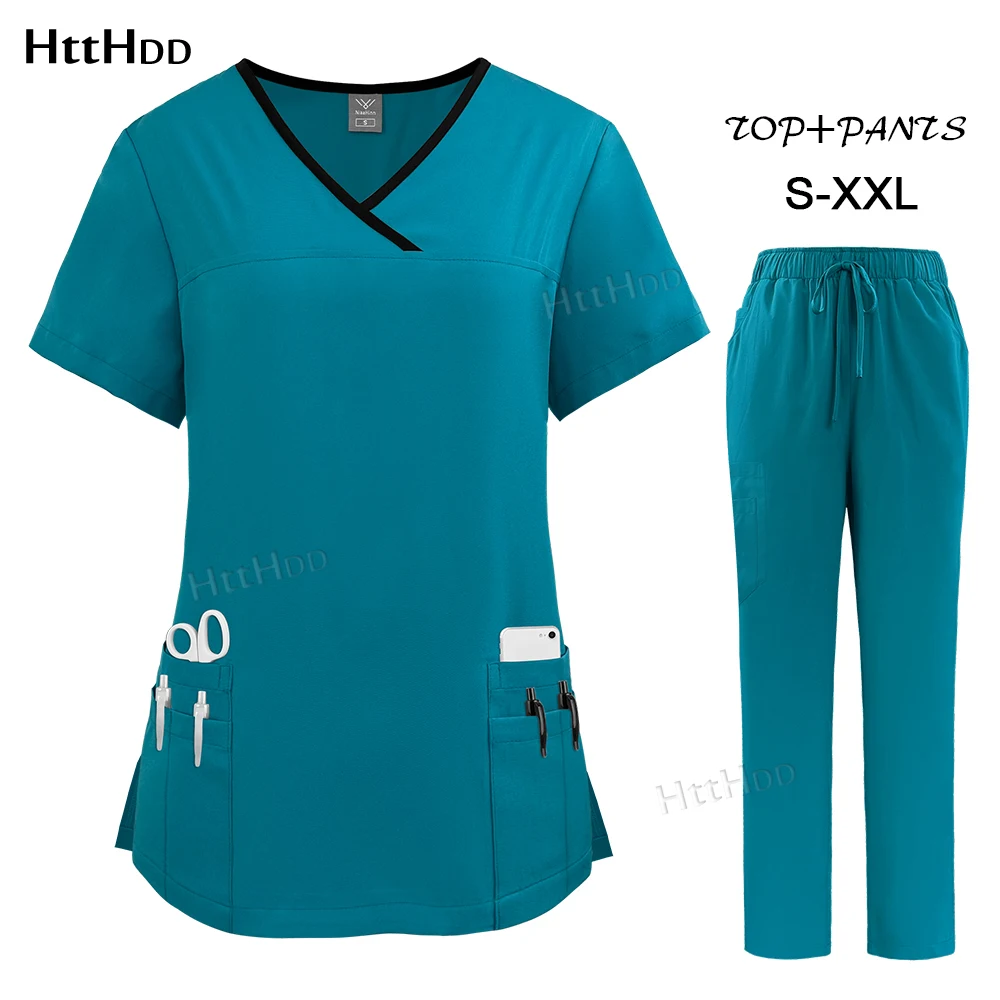 Scrubs Uniforms Short Sleeve Suit Doctor Hospital Elastic Waist Scrub Sets Women Nursing Uniforms Sets New Multicolour Work Wear