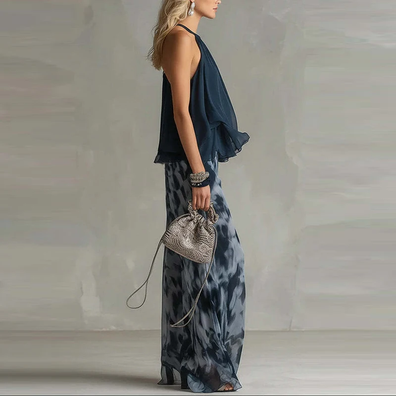 

Casual Holiday Sling Outfits Ladies O-neck Sleeveless Top and Long Pants Chiffon Suits Floral Print Loose Summer Two Piece Set