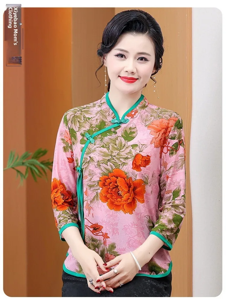 

Новый национальный костюм Тан (Танский костюм) для женщин среднего и старшего возраста, с цветочным узором пионов, асимметричным воротником, улучшенный дизайн.