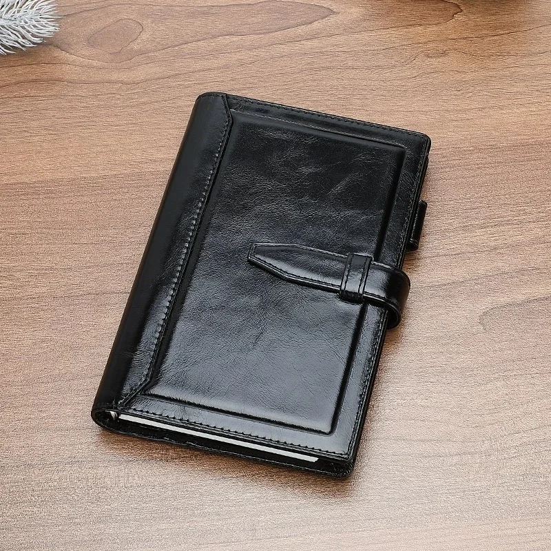 A8 A7 A6 Black Brown Red Genuine Leather Planner Hole Mini Notebook with Rings Organizer Journey Diary