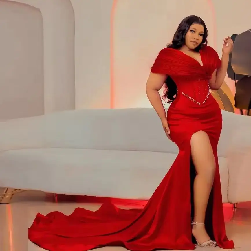 2025 zeemeermin abendkleider elegante ruche avondjurken kralen side split kapmouwtjes lange avondjurken asoebi rode prom dress
