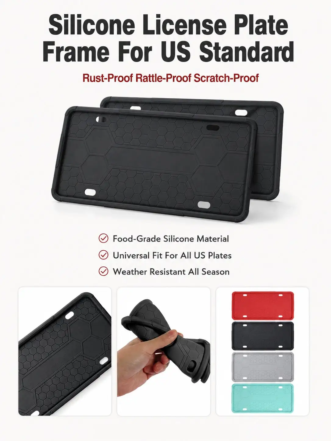 Silicone License Plate Frame, Rust & Rattle Proof Flexible Car Plate Holder, Weather Resistant For Car SUV Truck