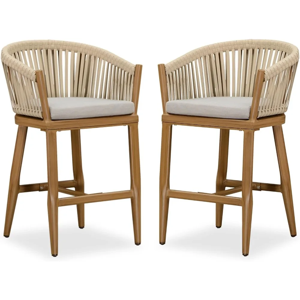 

Outdoor Counter Height Bar Stools Set of 2 Patio Metal Modern Wicker Bar Chairs Woven Aluminum Barstools with Back and Cushions