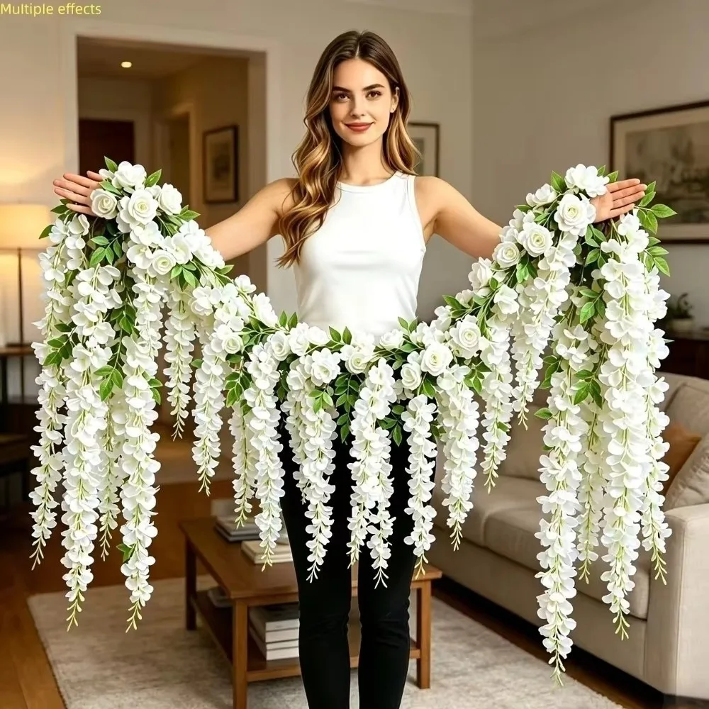 Image of 250cm Künstliche Weiße Rosenranke 3D Buschiger Hängender Rattan-Blumenstrauch Einfach zu Befestigende Kunstpflanze für den Garten